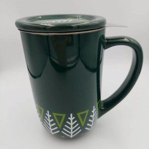 David's Tea Nordic Mug Green Pine Tree Triangles Christmas W/Lid & Infuser